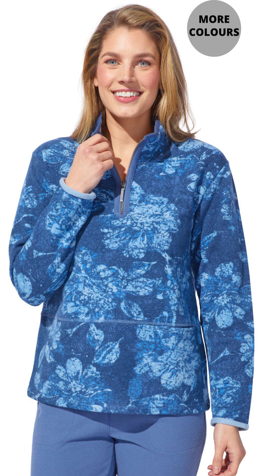 Quarter Zip Blue Tone Abstract Print Pullover. Style ESC14651