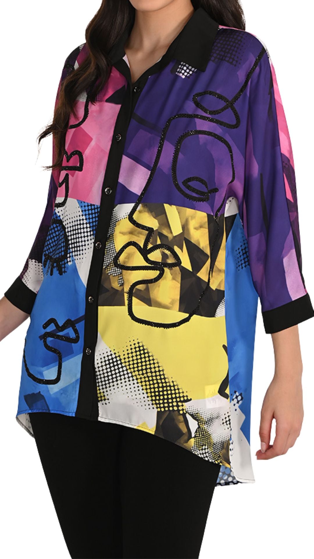 Colour Block Abstract Pattern Rhinestone Shirt. Style FL266541