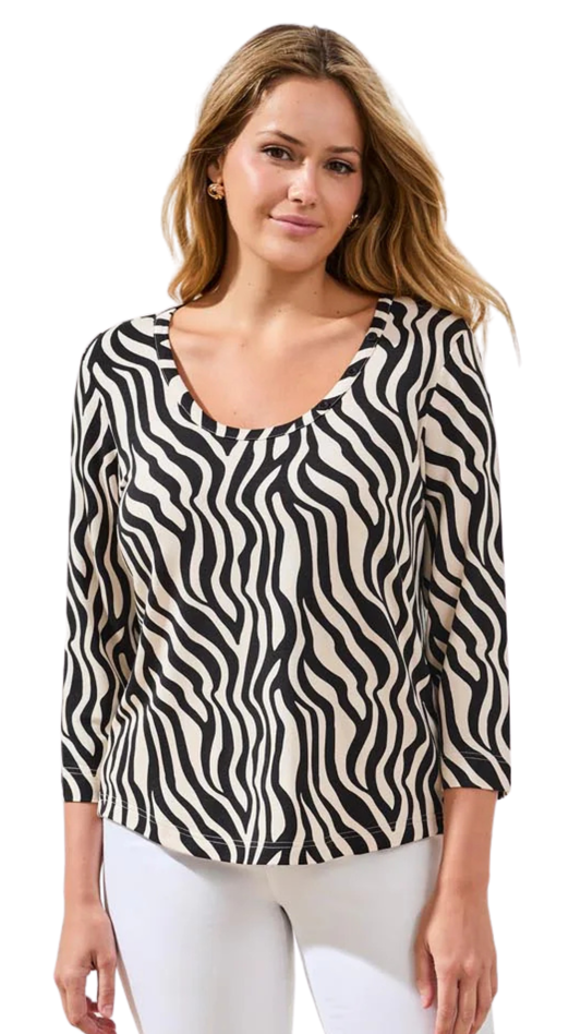 Scoop Neck Zebra Print 3/4 Sleeve Top. Style TR2474O-1567