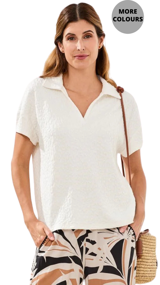 Textured Johnny Collar Short Sleeve Top. Style TR3083O-8456