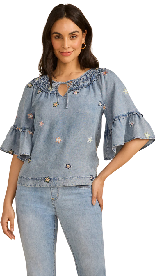 Ruffle Tie Neck Embroidered Daisies Top. Style FD7589846