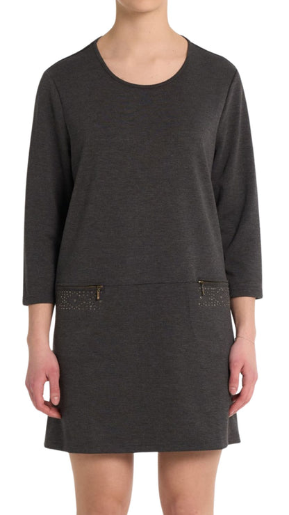 3/4 Sleeve Zipper Pockets Grey Dress . Style MIGN4046