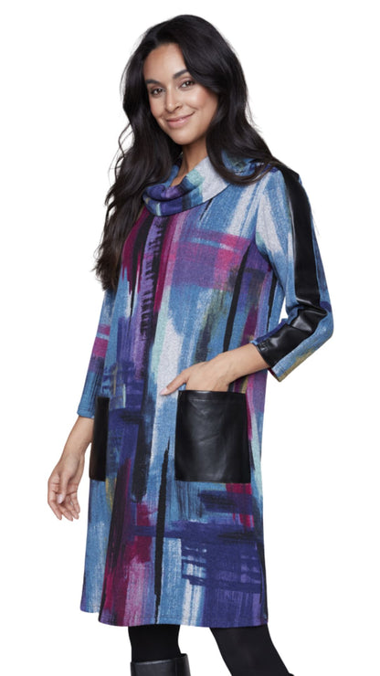 Cowl Neck 3/4 Sleeve Pleather Accents Dress. Style CK34004