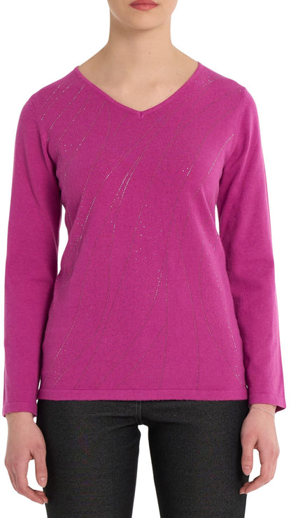 Rhinestone Pattern Magenta Long Sleeve Top. Style MIGN4067