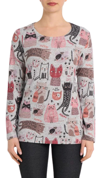Multi Cats Print Long Sleeve Top. Style MIMX25107
