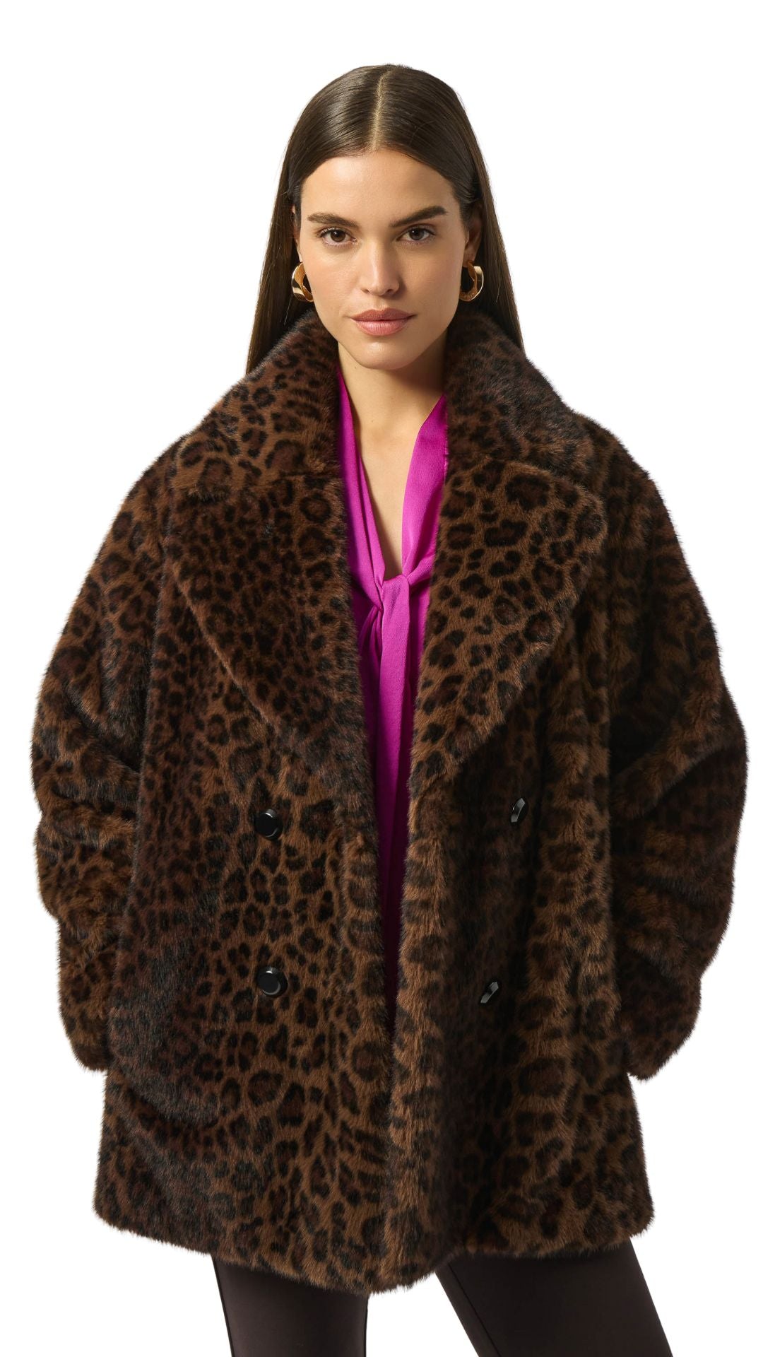 Faux Fur Leopard Print Double-Breasted Coat. Style JR253937