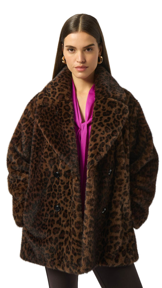 Faux Fur Leopard Print Double-Breasted Coat. Style JR253937