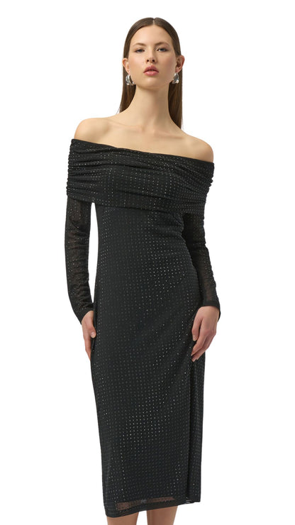 Rhinestone Mesh Off-Shoulder Midi Dress. Style JR254913