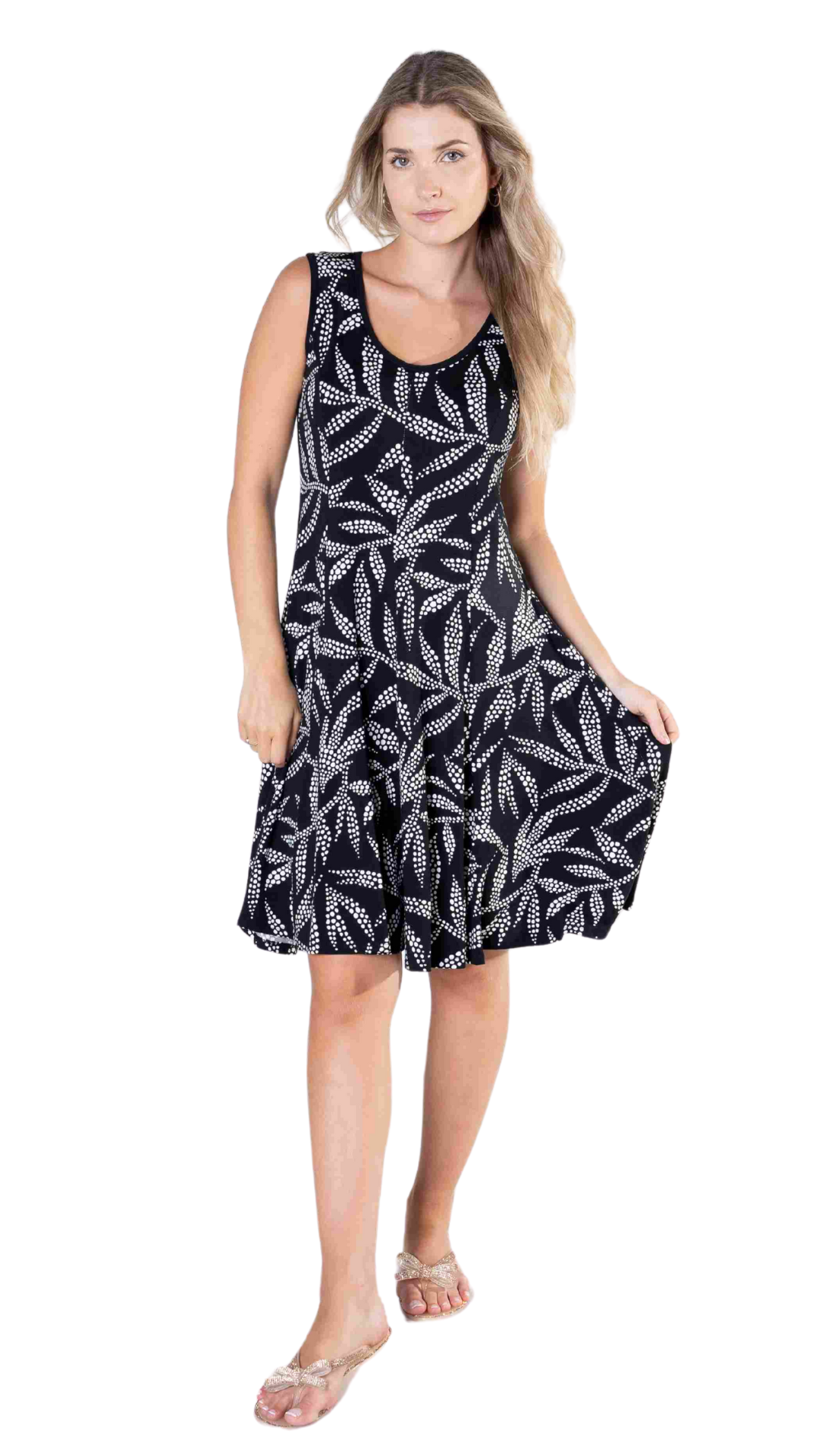 Dotted Leaf Print Sleeveless Dress. Style JDA6005-6