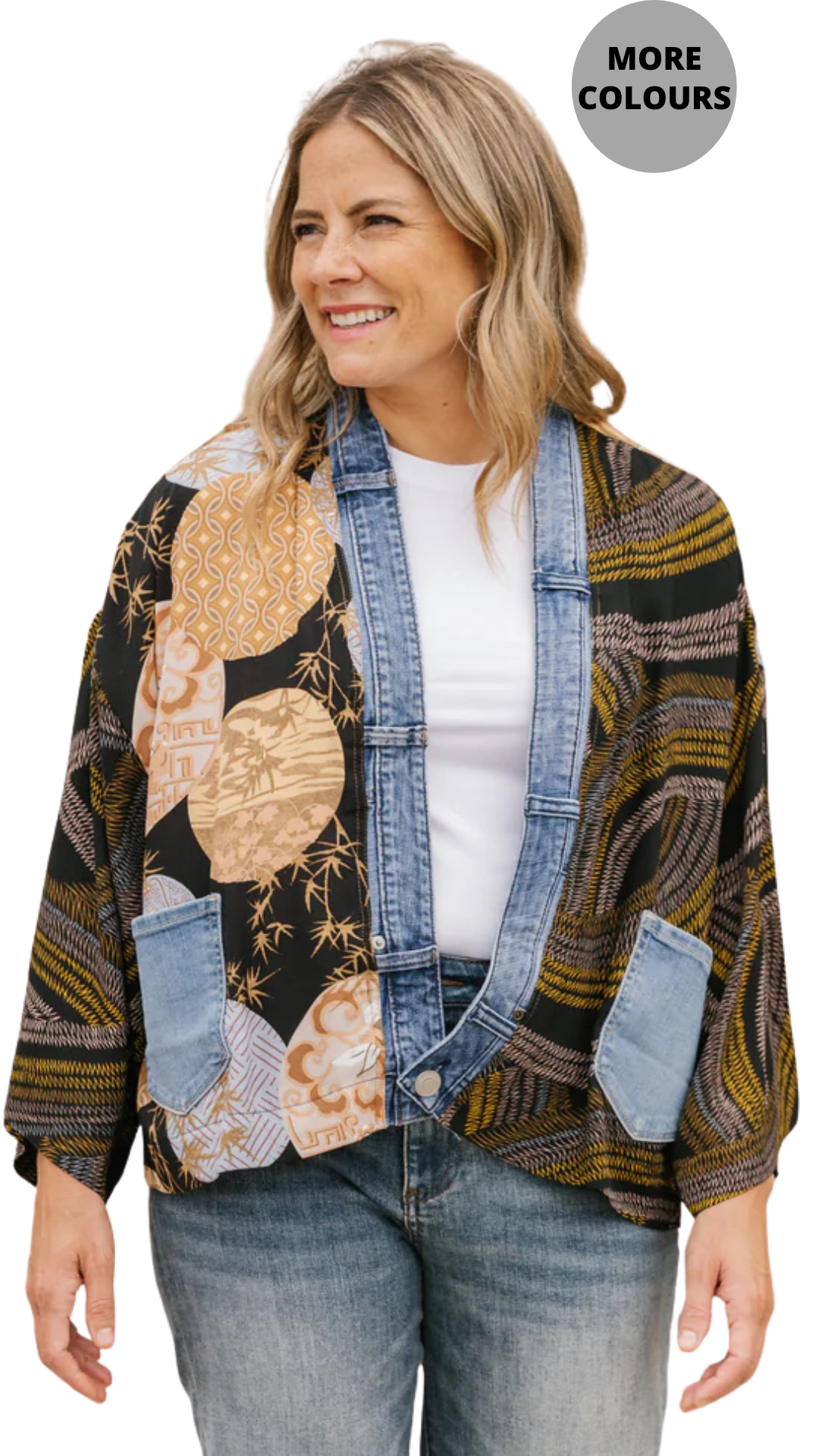 Printed & Denim Trim Open Front Loose Cardigan. Style SHNP5262
