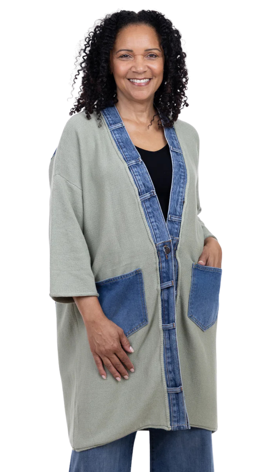 "Love" Denim Applique Long Length Cardigan. Style SHNP5547