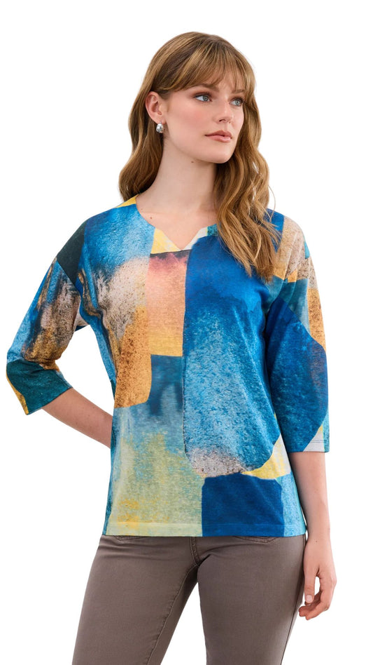 Drop Shoulder Notch Neck Abstract Print Top. Style FD3910451