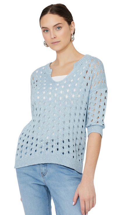 Glitter Holey Knit Notch Neck Sweater. Style FL261611