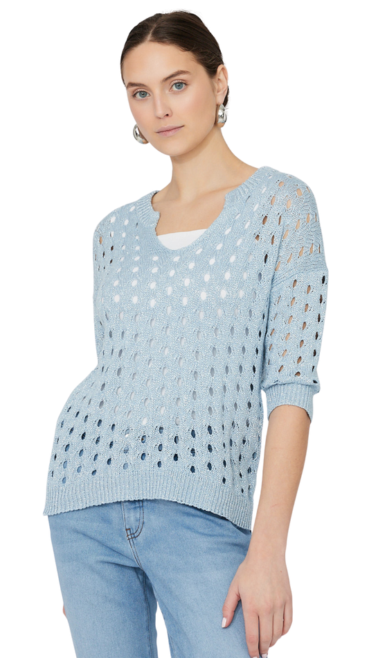 Glitter Holey Knit Notch Neck Sweater. Style FL261611