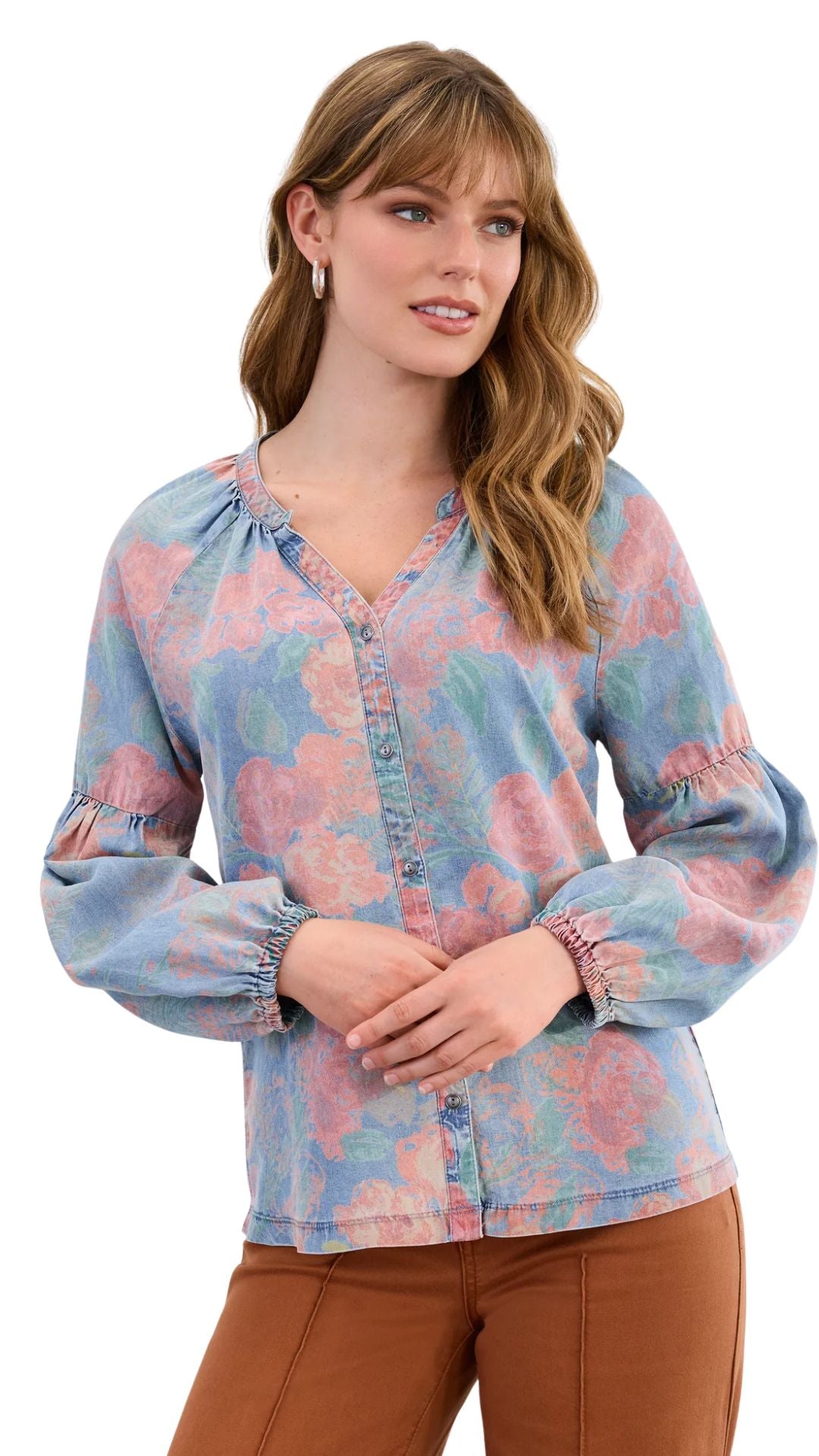 Floral Print Faded Denim Wash Top. Style Style FD7674846