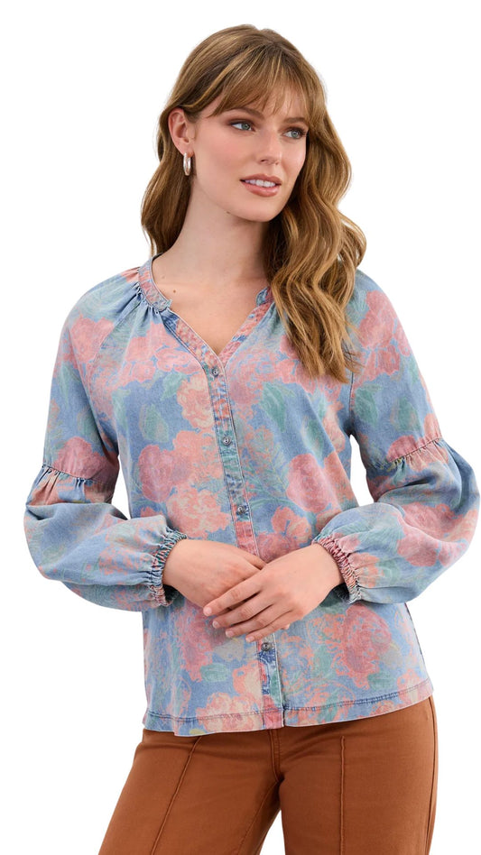 Floral Print Faded Denim Wash Top. Style Style FD7674846