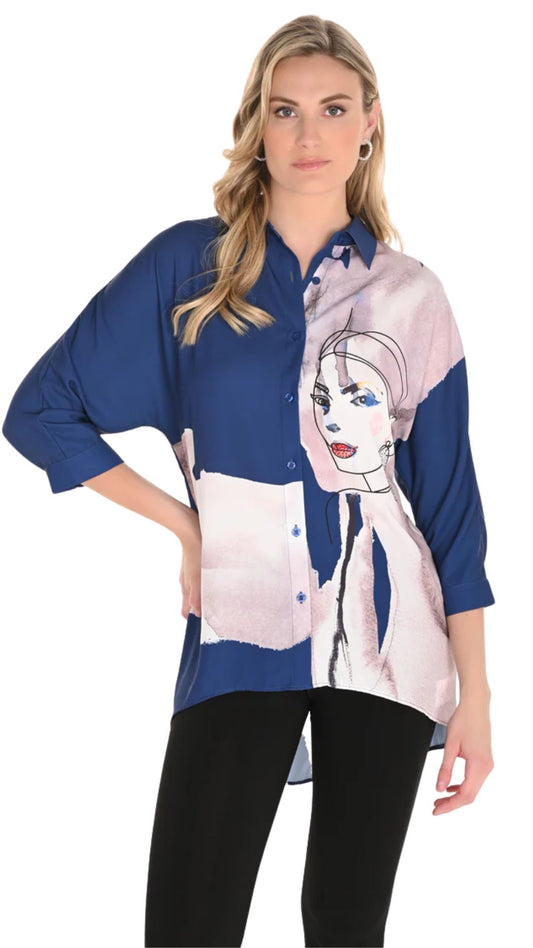 Abstract Face Print & Rhinestone Button-Up Top. Style FL253751
