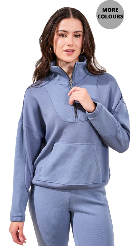 1/2 Zip Accent Mixed Fabric Hoodie. Style TR2236O-3390