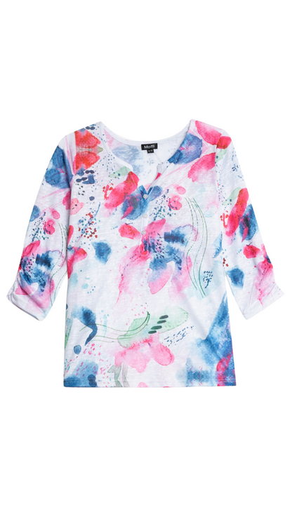 Blue & Pink Floral Print Ruched Sleeve Henley Top. Style MIMX8984