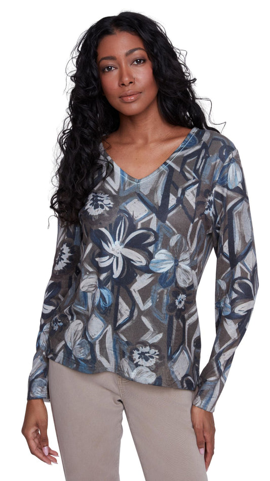 Long Sleeve V-Neck Floral Print Top. Style CYC2525020