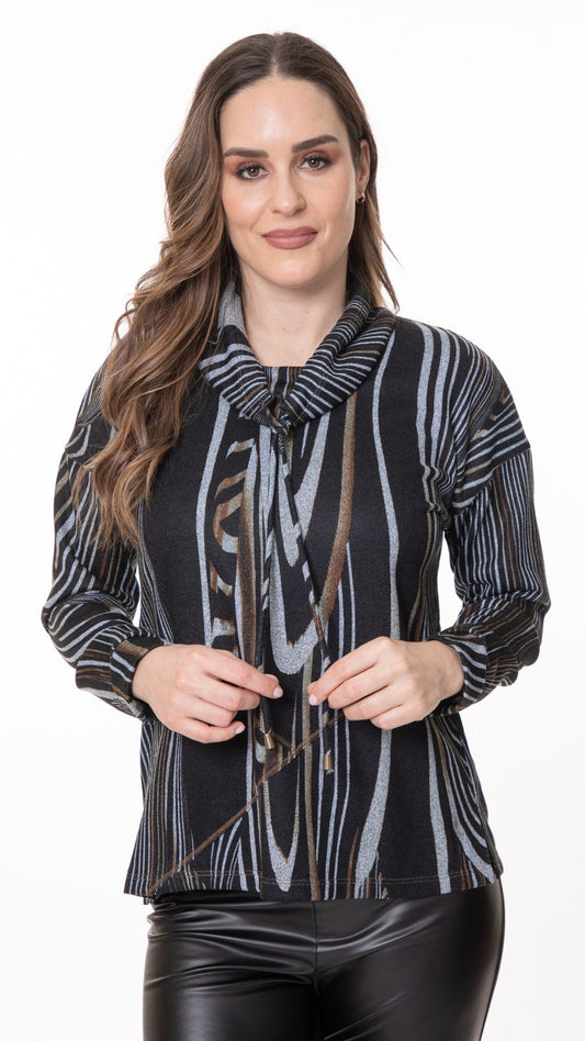 Long Sleeve Cowl Neck Drawstring Tunic. Style BALI8731