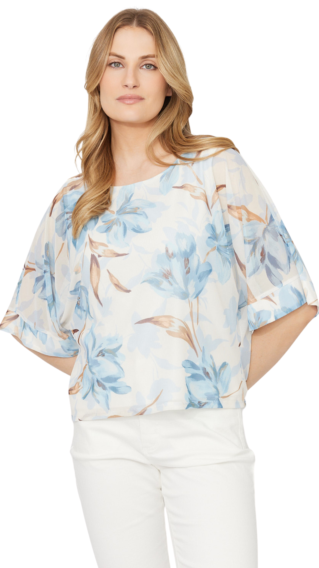 Mesh Overlayer Floral Print Boxy Top. Style FL261287