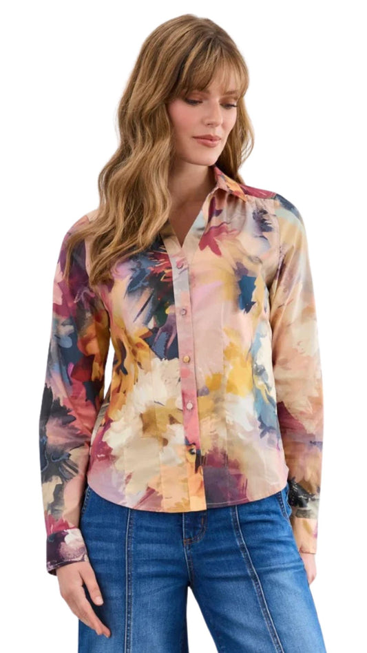Button Front Collared Split Neck Abstract Print Top. Style FD7004623