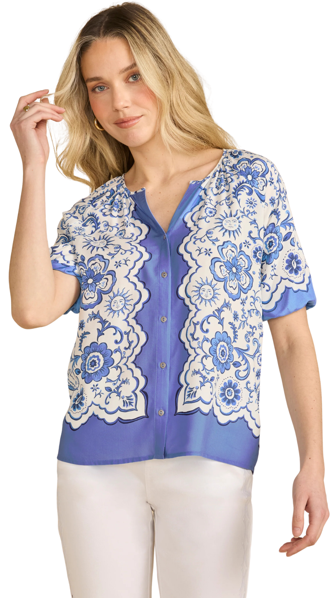 Sun & Flower Print Button Front Short Elastic Cuff Sleeves Top. Style FD7706397
