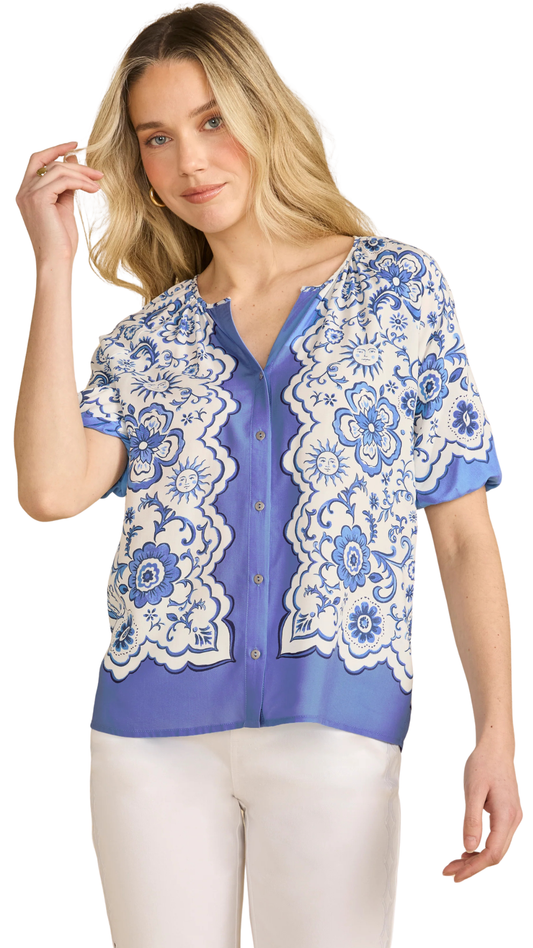 Sun & Flower Print Button Front Short Elastic Cuff Sleeves Top. Style FD7706397