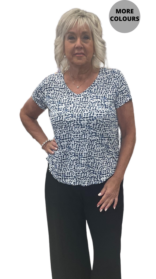 Petite Patterned Cap Short Sleeve V-Neck Shirt. Style SW202275P
