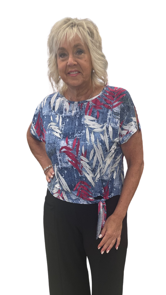 Short Sleeve Bottom Tie and Shoulder Slit Top. Style SW202228