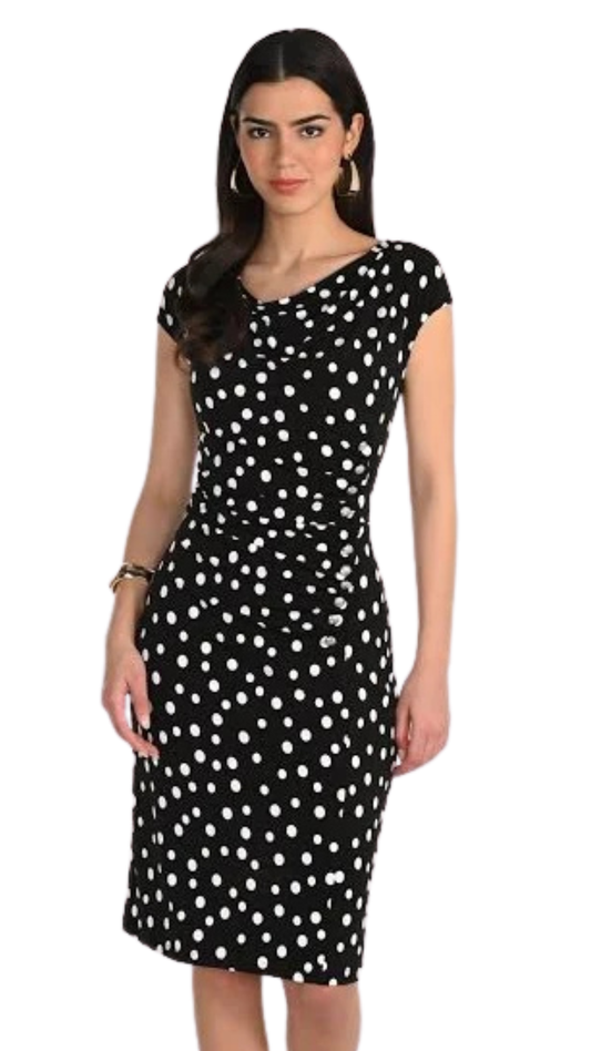 Cowl Neck Polka Dot Fitted Midi Dress. Style FL266103