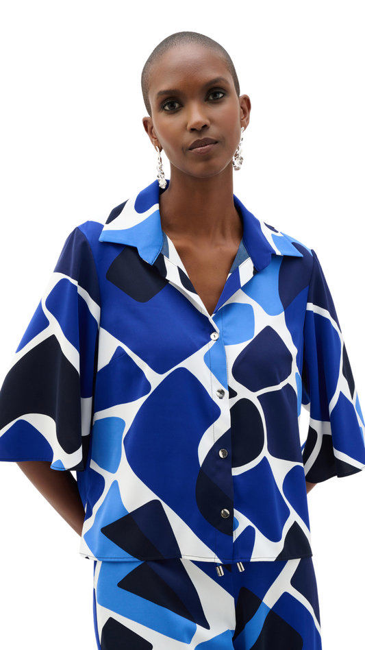 Recycled Woven Geometric Print Straight Blouse. Style JR262154