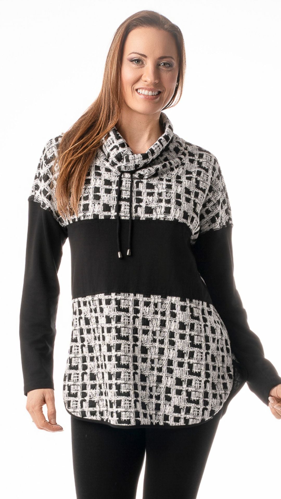 Cowl Neck Houndstooth Pattern Tunic. Style PE616-4503
