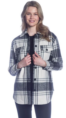 Button Front Plaid Shacket in Black/White or Blue/Navy. Style COTLJ-300F