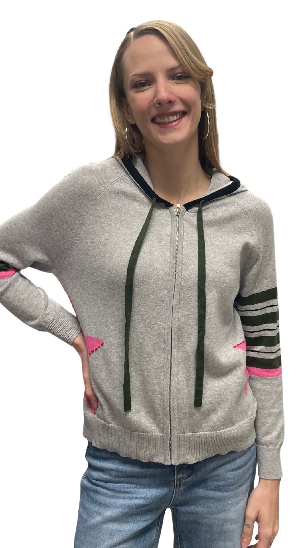 Zip Front Striped Arms Star Details Hoodie. Style ZKP7537U