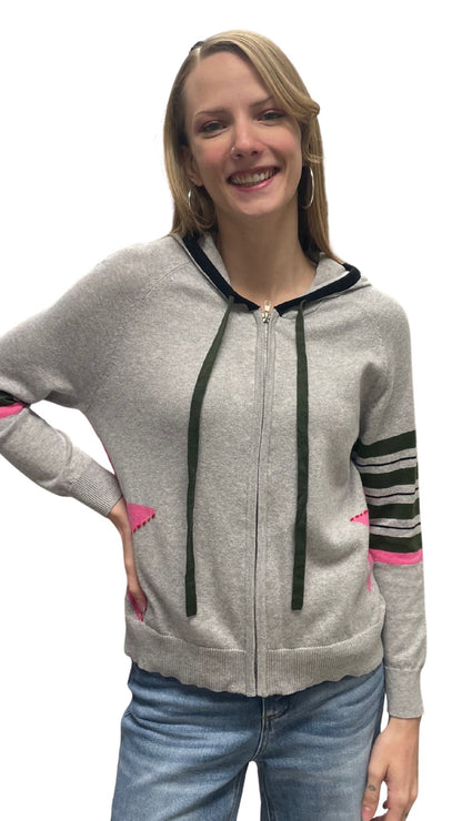 Zip Front Striped Arms Star Details Hoodie. Style ZKP7537U
