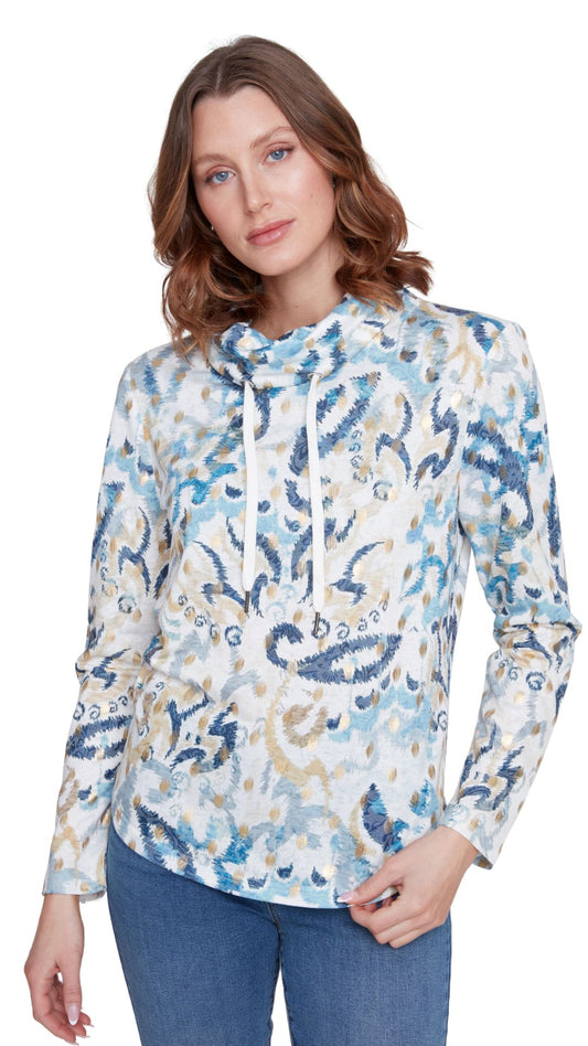 Cowl Neck Abstract Metallic Print Top. Style CYC2525001