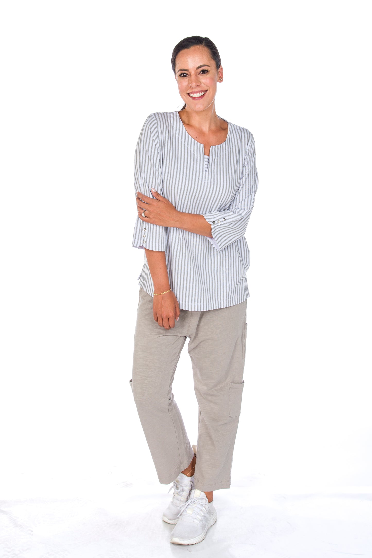 Nautical Stripe Notch Neck 3/4 Sleeve Top. Style WP1603