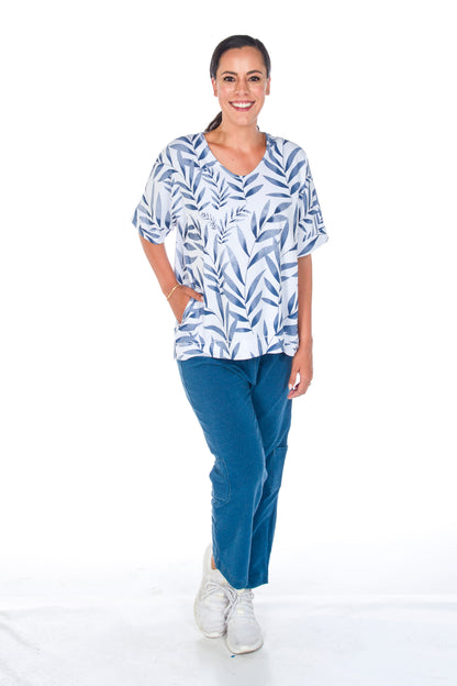 Cuffed Short Sleeve V-Neck Leaf Print Top. Style WP1605