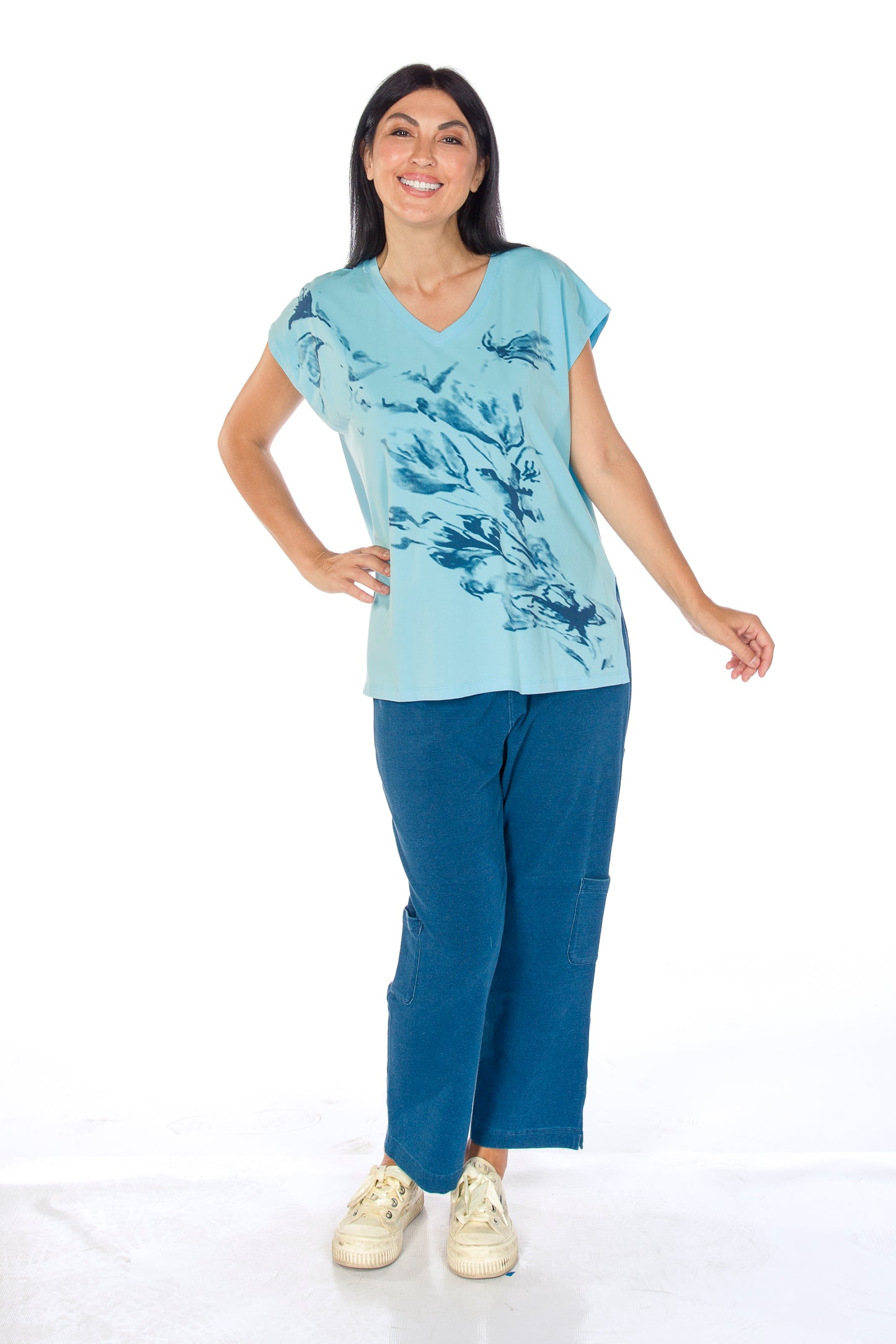 Abstract Print Side Slit Cap Sleeve V-Neck Top. Style WP1604