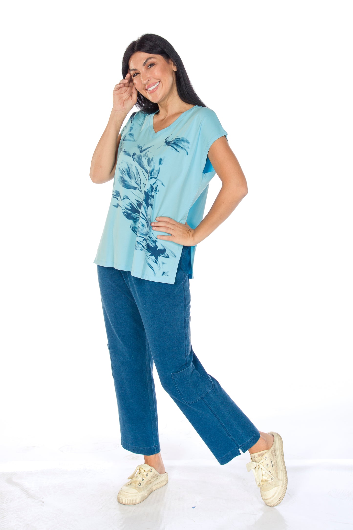 Abstract Print Side Slit Cap Sleeve V-Neck Top. Style WP1604