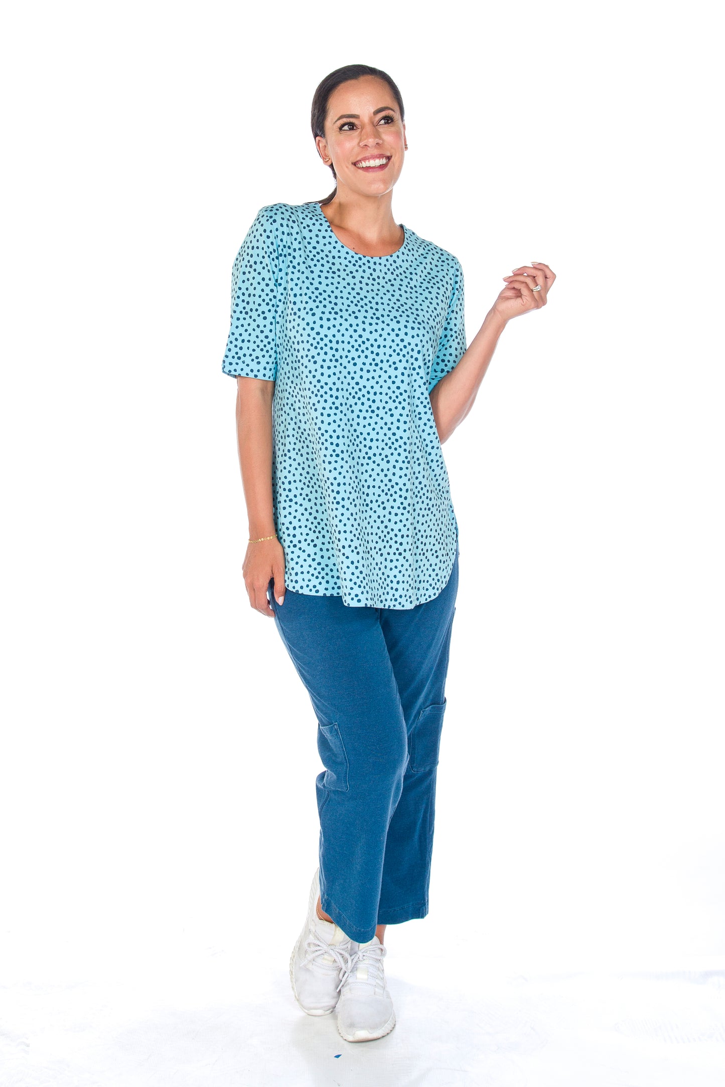 Rounded Hem Side Slit Short Sleeve Polka Dot Top. Style WP1602