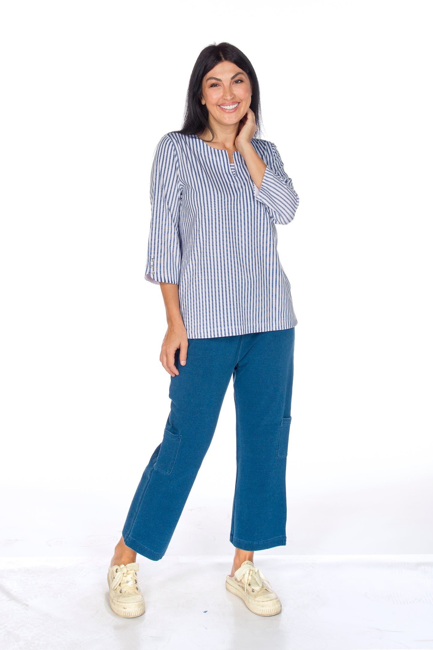 Nautical Stripe Notch Neck 3/4 Sleeve Top. Style WP1603
