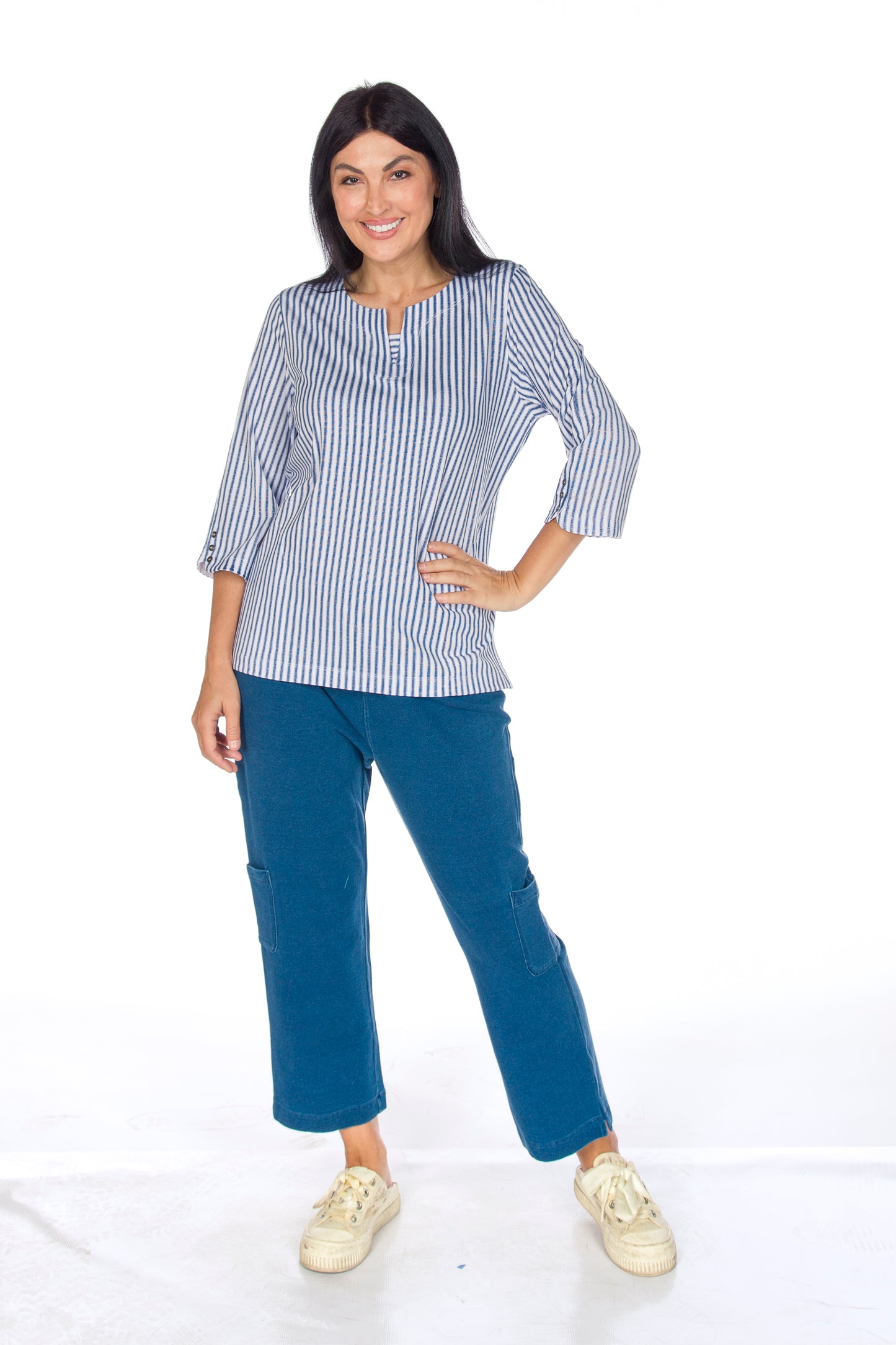 Nautical Stripe Notch Neck 3/4 Sleeve Top. Style WP1603