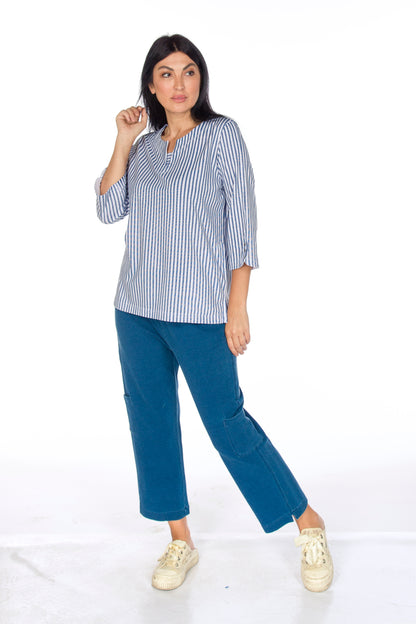 Nautical Stripe Notch Neck 3/4 Sleeve Top. Style WP1603
