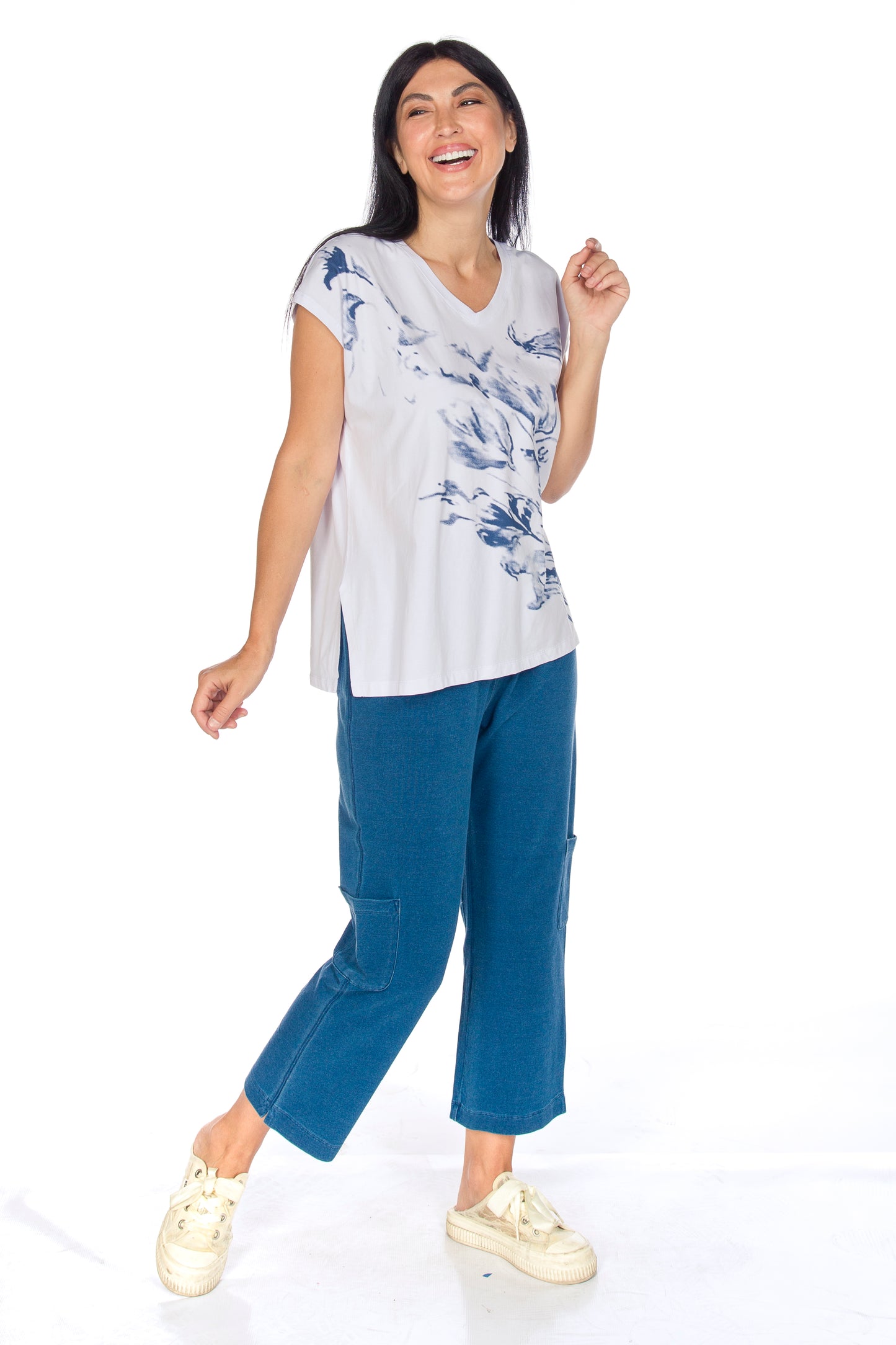 Abstract Print Side Slit Cap Sleeve V-Neck Top. Style WP1604