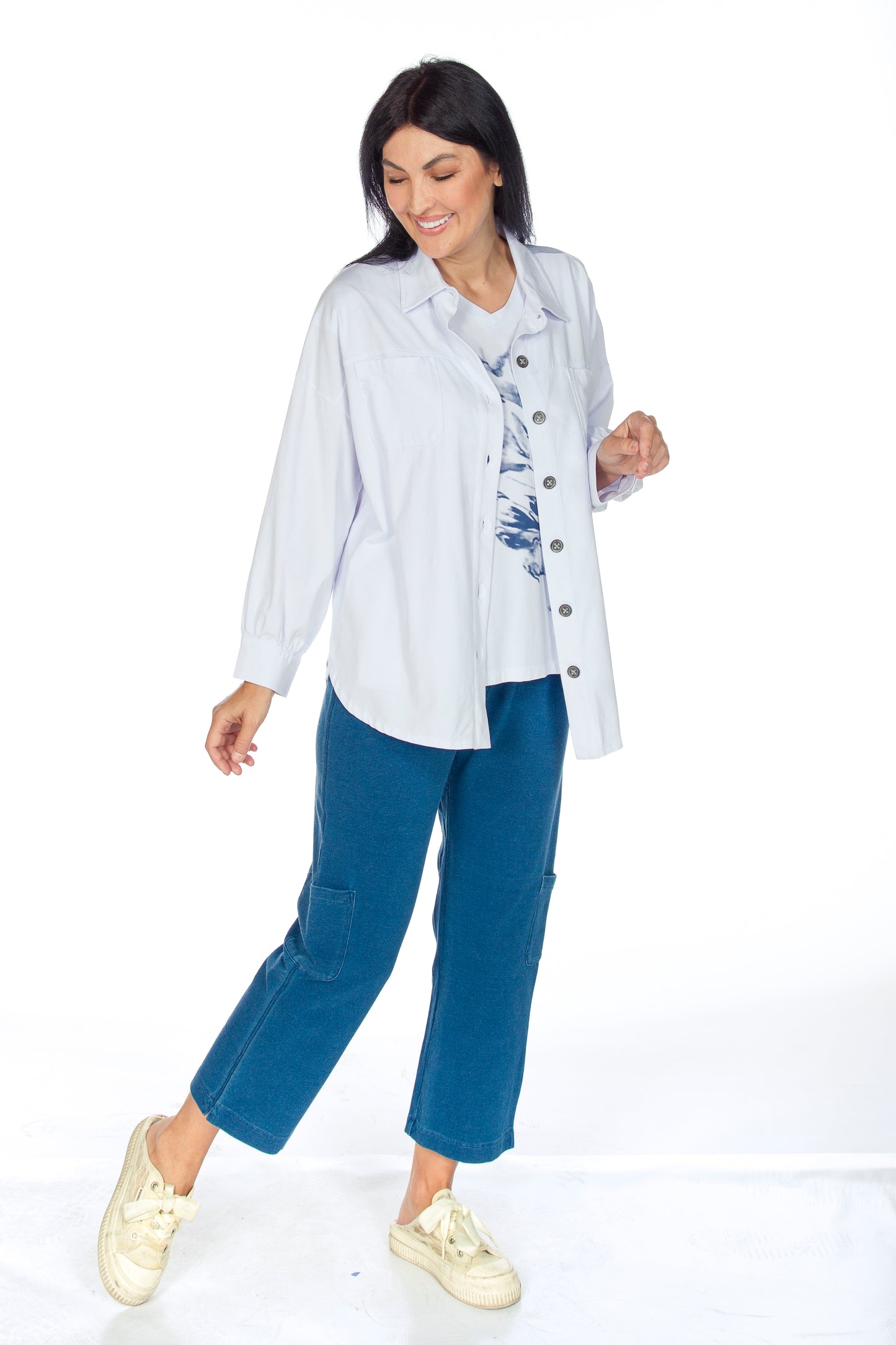 Solid Colour Button Front Cuffed Sleeve Stretch Top. Style WP2601