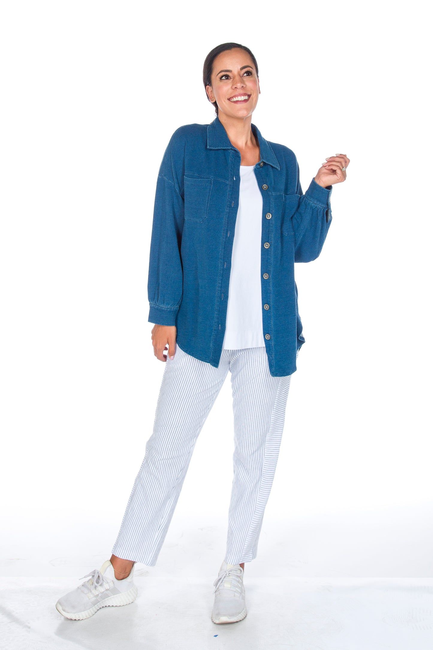Solid Colour Button Front Cuffed Sleeve Stretch Top. Style WP2601