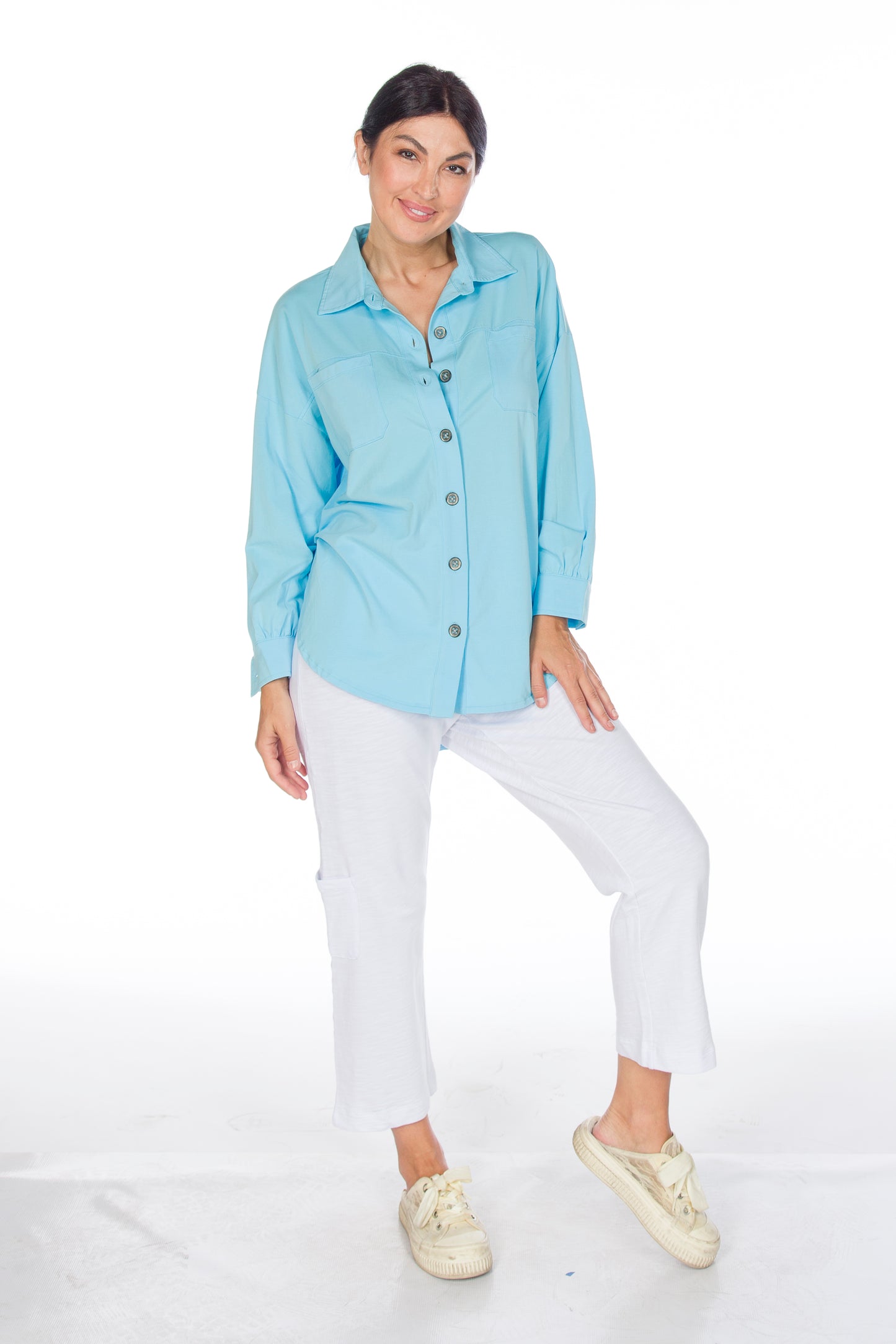 Solid Colour Button Front Cuffed Sleeve Stretch Top. Style WP2601